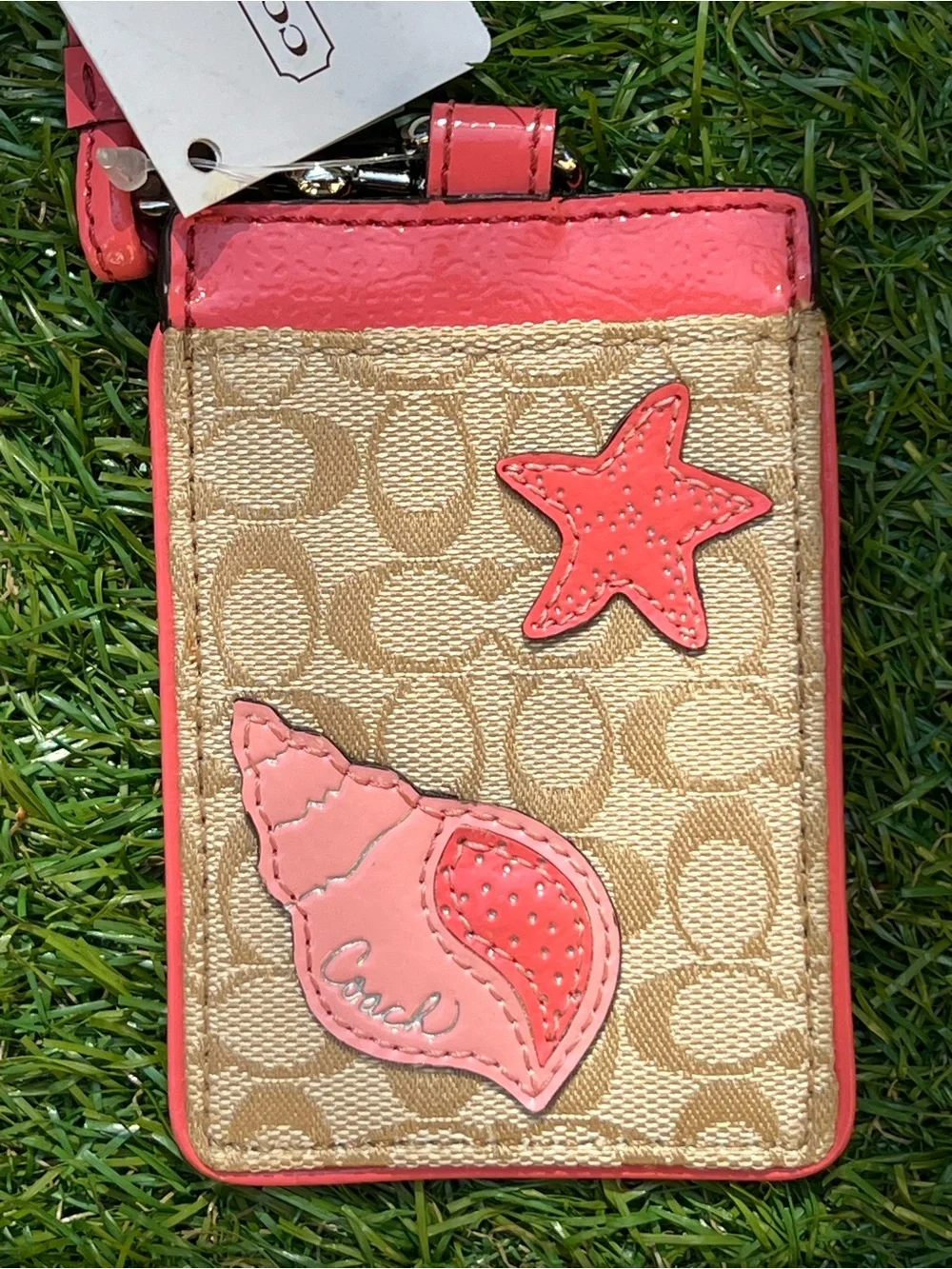 COACH- Signature SEASHELL PINK/BEIGE Lanyard ID # F61591